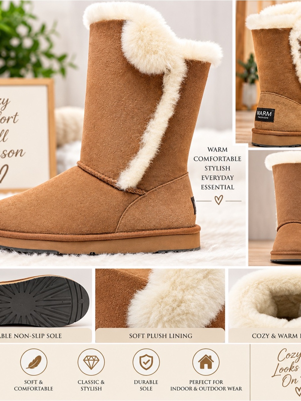 Cozy Plush-Lined Women's Winter Slippers - Tan